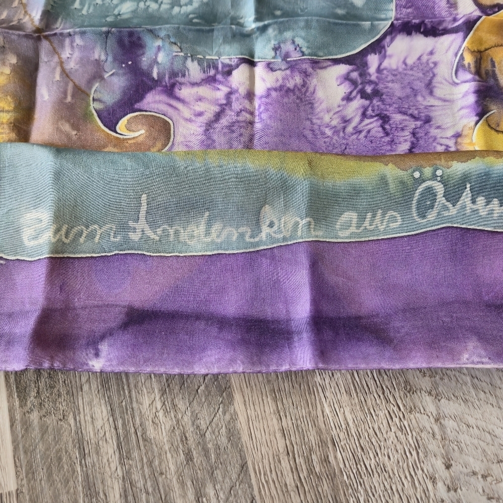 AUSTRIAN 100% Silk Scarf OS Hand Painted Abstract Watercolor Calligraphy - Picture 3 of 12